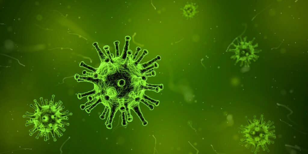 Particules de virus vertes sur fond vert foncé, représentées dans un style microscopique 