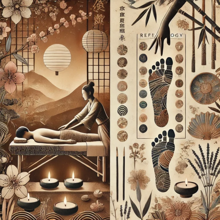 Illustration d'un cadre spa apaisant montrant un soin shiatsu et une séance de réflexologie, représentant leur complémentarité pour le bien-être.