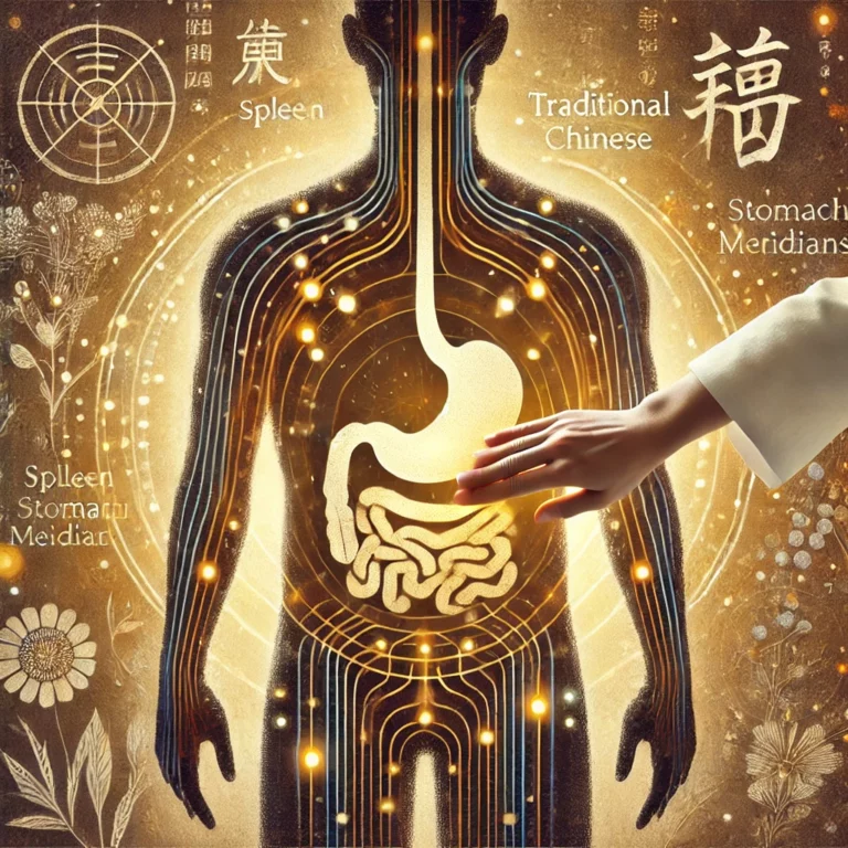 Illustration de la médecine chinoise et de la rate, mettant en avant les méridiens énergétiques, le shiatsu et l’équilibre digestif.