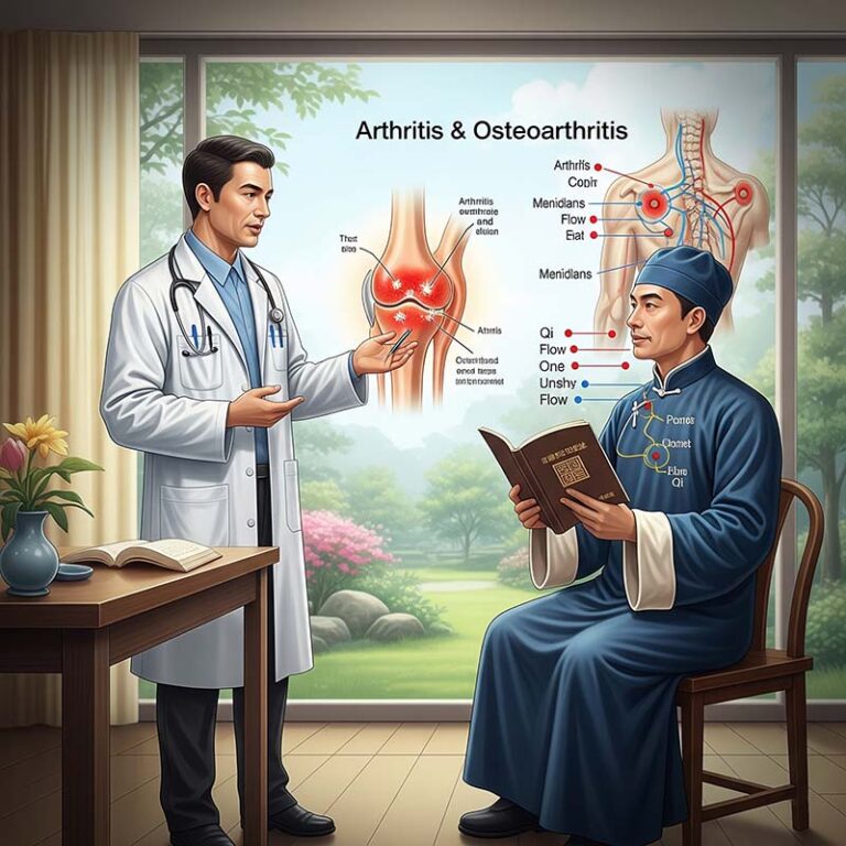 Dialogue entre un médecin occidental et un praticien de médecine traditionnelle chinoise sur l’arthrite et l’arthrose, avec schémas anatomiques et énergétiques.