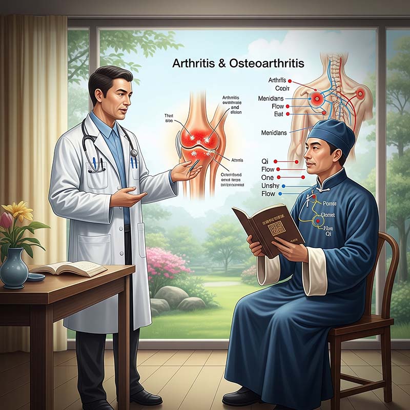 Dialogue entre un médecin occidental et un praticien de médecine traditionnelle chinoise sur l’arthrite et l’arthrose, avec schémas anatomiques et énergétiques.
