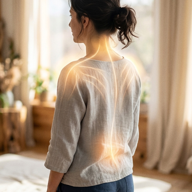 Femme vue de dos avec zones lumineuses sur la colonne vertébrale illustrant les douleurs dorsales et la régulation du système nerveux en shiatsu