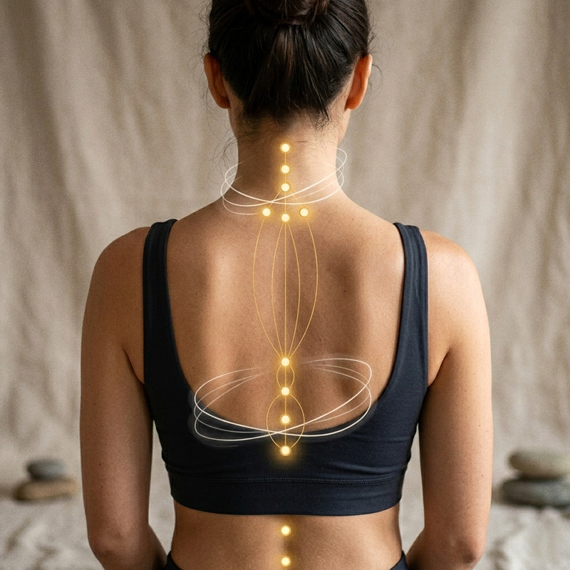 Illustration énergétique de la colonne vertébrale montrant les zones cervicales et lombaires en lien avec le shiatsu et la réflexologie