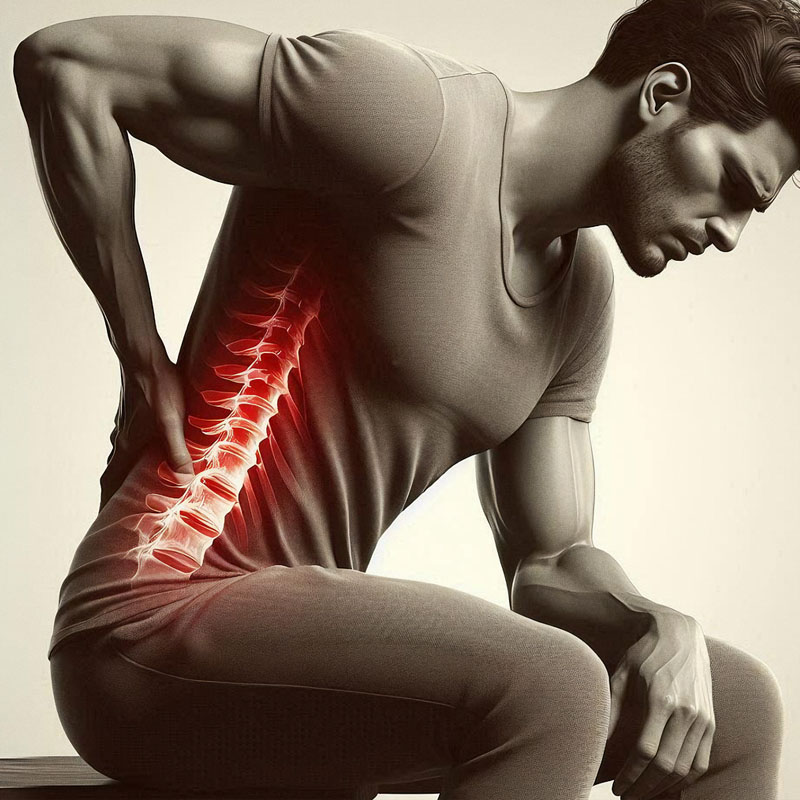 Illustration anatomique en coupe d'un homme assis avec une douleur lombaire aiguë surlignée en rouge.