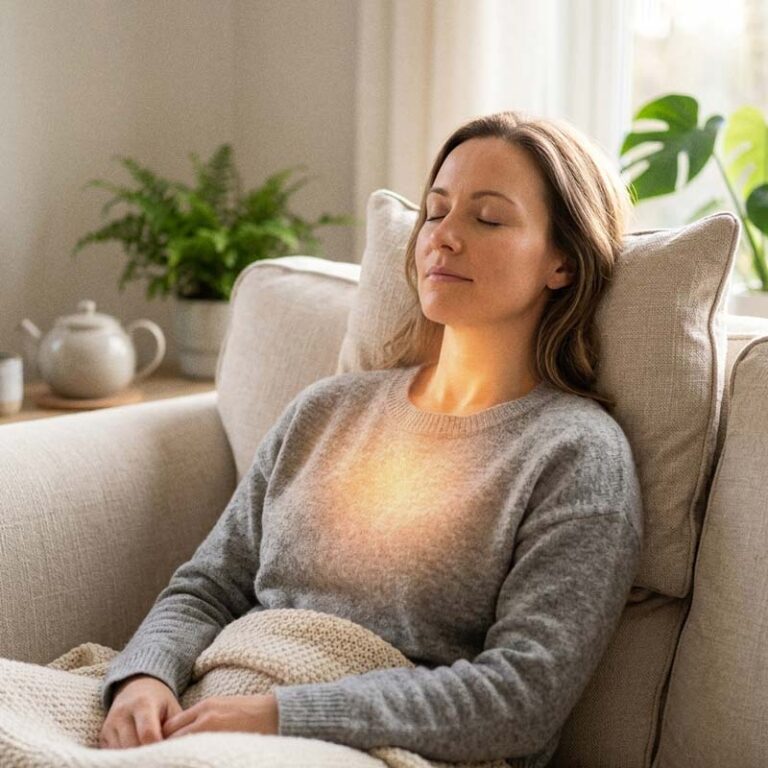 Femme sereine les yeux fermés en relaxation, illustrant l'apaisement du nerf vague et la régulation du système nerveux.