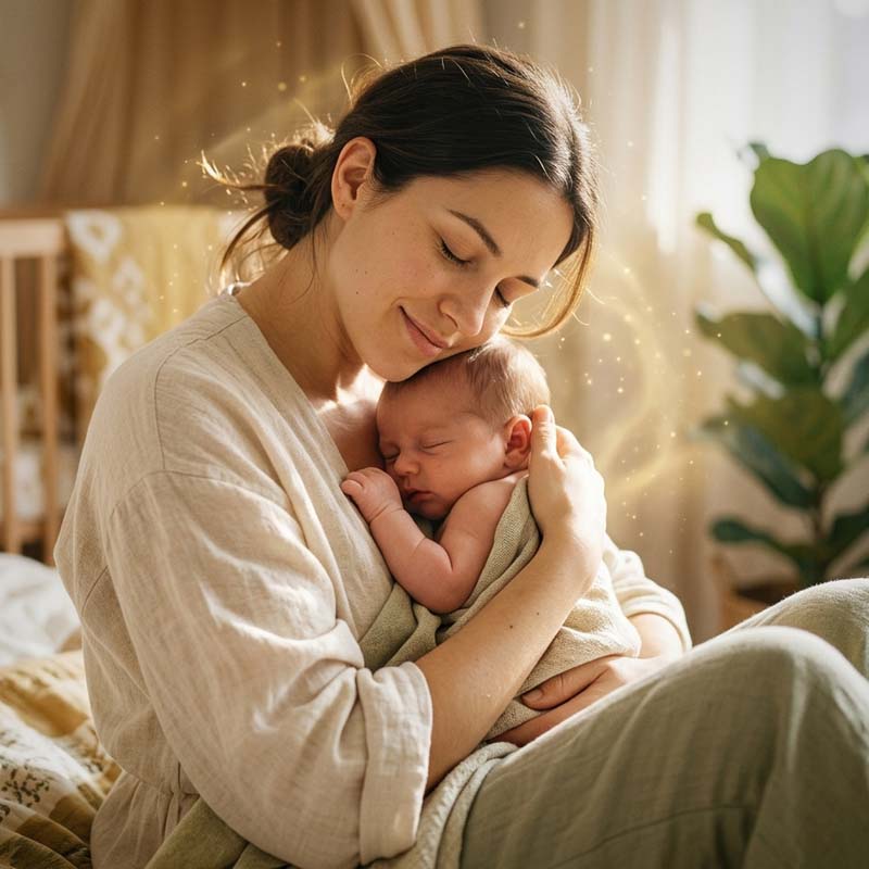 Jeune maman enlaçant son nouveau-né entourée d'une lueur dorée symbolisant le Qi et la récupération post-partum en Shiatsu à Chambourcy