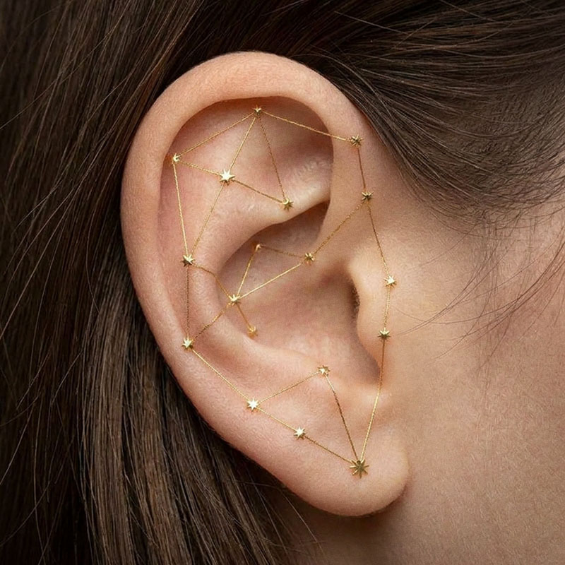 Gros plan sur une oreille humaine ornée d'une carte de points d'auriculothérapie en constellation dorée